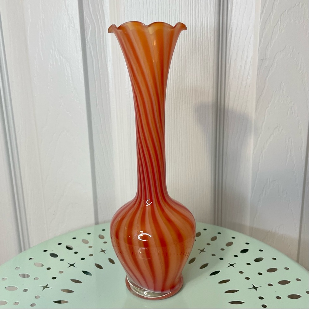 Vintage Art Glass Orange Swirled Bud Vase Ruffled MCM